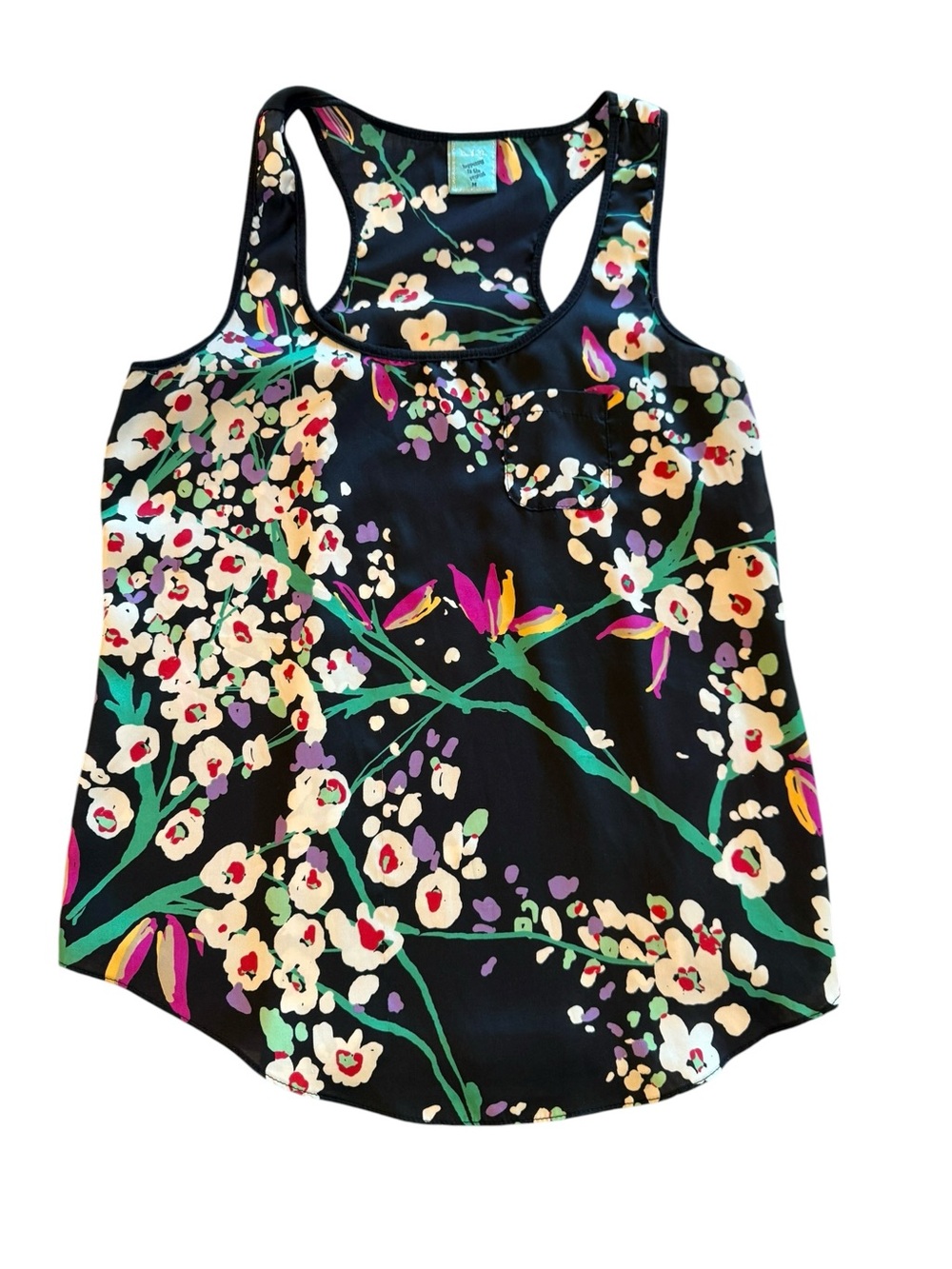 Vintage Y2K Tank Top h.i.p. Black Pink Floral Racerback Shirt Size Medium